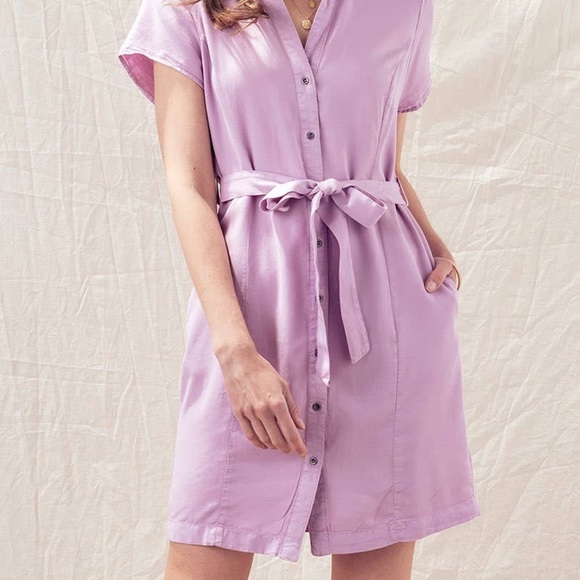 NWOT Purple Chambray Button Front Tie Waist Short Sleeve Dress With Pockets - Picture 4 of 5